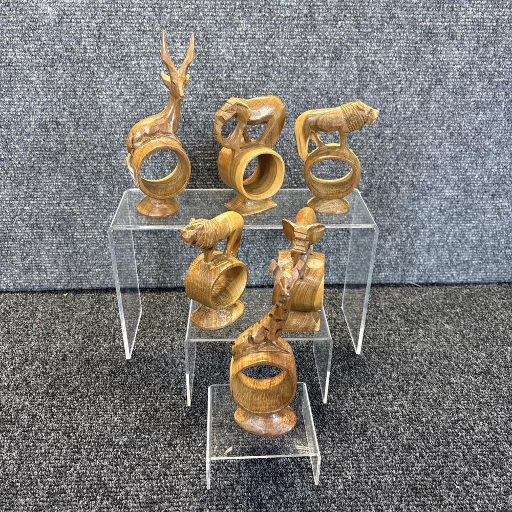 Vtg~Set of 6~Wooden Handcarved Safari Animal Napkin Rings~Handcarved in Kenya